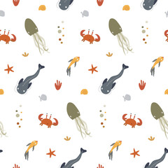 Seamless pattern with fish, crabs and squids, algae, starfish and seashells on a white. Background, wrapping paper