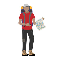 Tourist man with a map and a large backpack. Active lifestyle vector cartoon