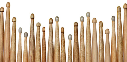 Close-up of a large group of used wooden drumsticks isolated on white or transparent background. Percussion instrument. Png.