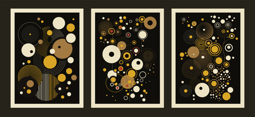 Vector posters with circle, lines. Abstract illustration art with golden geometric shapes on black background
