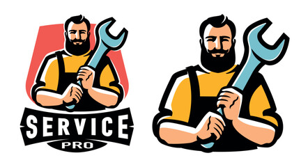 Worker with wrench. Engineer, technician, mechanic emblem. Workshop, technical service logo. Vector illustration