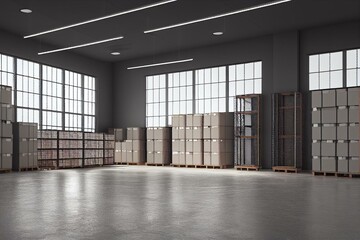 New warehouse furniture. Racks with shelves inside building. Warehouse adjustable shelves. Concept of sale and production of warehouse furniture. Shelves for long term storage. 3d. Generative AI - obrazy, fototapety, plakaty