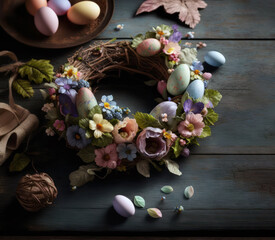 Obraz na płótnie Canvas Easter decoration, wreath of flowers and Easter eggs on wooden table, Generative AI
