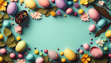 Fototapeta na wymiar Easter holiday background. Easter eggs illustration backdrop with copy space. Generative AI