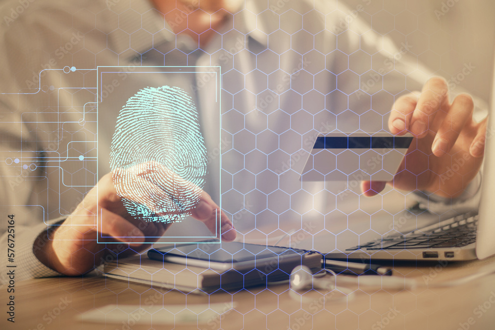 Poster double exposure of man hands holding a credit card and fingerprint drawing. security in e-commerce c