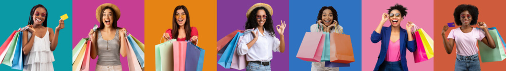 Glad shocked arab, black, european women shopaholic with packages show credit card, enjoy shopping,...