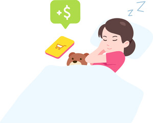 Female Entrepreneur Sleeping and Still have Income from the Online Shop Business Marketing Scene Concept Flat