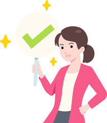 Female Entrepreneur holding a Check Mark Sign and Feeling Happy Business Scene Concept Flat