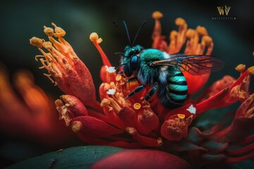 macro photo of a cute bee landing on a multicoloured vibrant flower