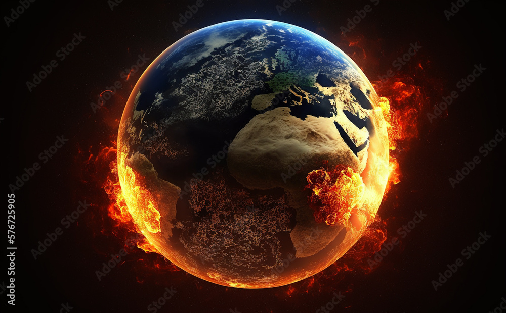 Wall mural planet earth on fire in outer space. generative ai