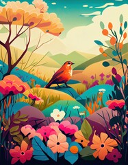 colourful spring or summer landscape illustration with birds and flowers, generative ai