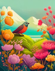 colourful spring or summer landscape illustration with birds and flowers, generative ai
