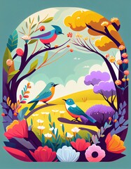 Fototapeta na wymiar colourful spring or summer landscape illustration with birds and flowers, generative ai
