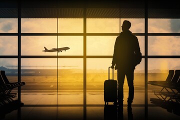 Fototapeta premium Male passenger with hand luggage at the airport. Airline travel concept. Generative AI