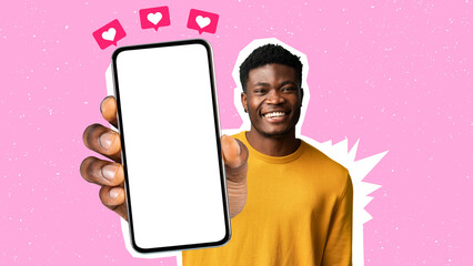 Handsome african american guy showing cell phone with white screen