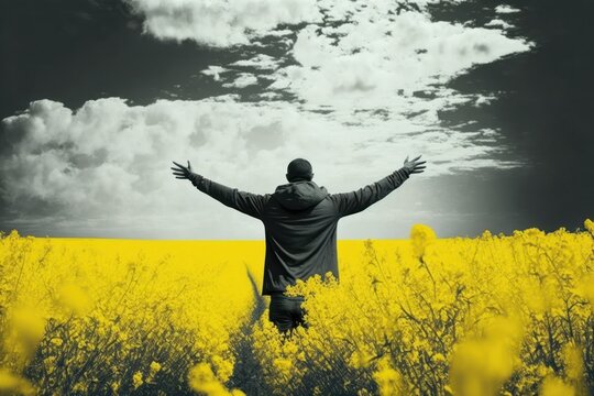 A cheerful man in an oilseed rape field with his arms raised. (Generative AI)