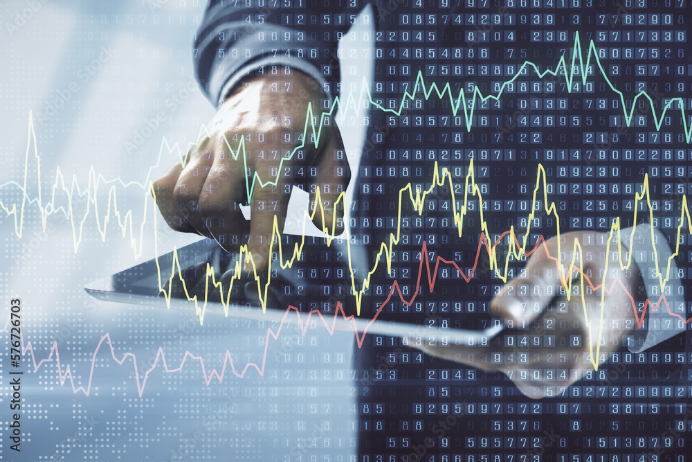 Aufkleber double exposure of man's hands holding and using a digital device and forex graph drawing. financial