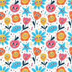 Seamless vector pattern of vintage characters of the classic retro cartoon style of the 30s on a white background. Abstract vector pattern of crazy cartoons in a trendy retro comics style