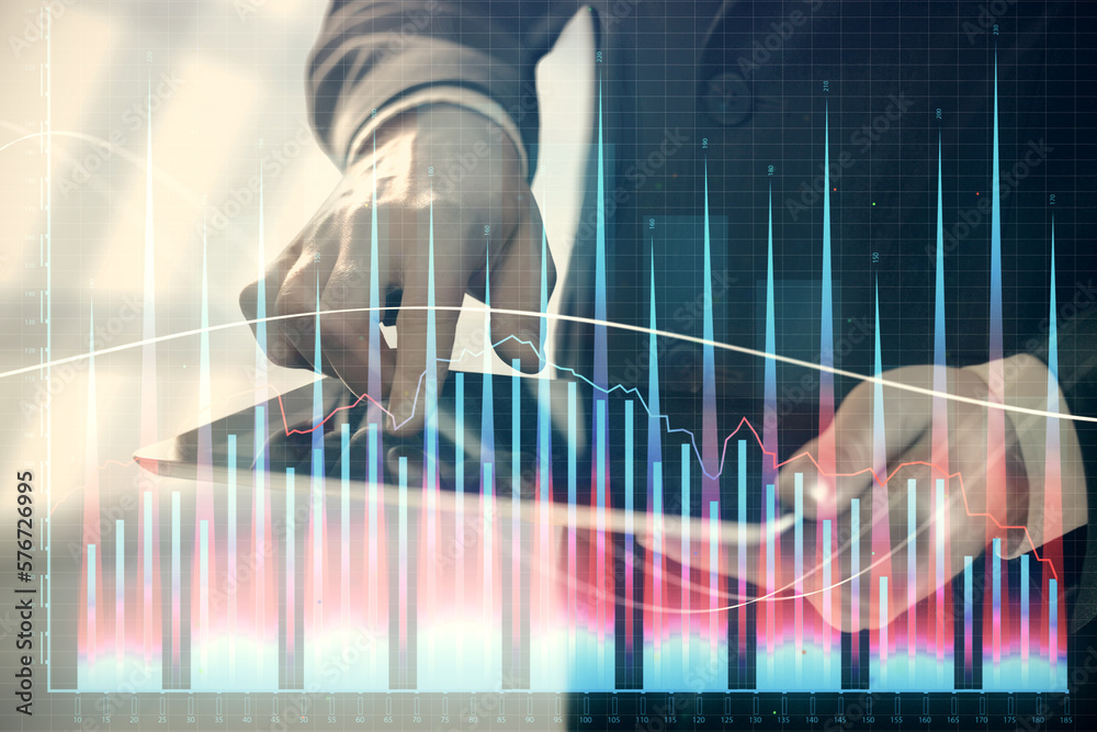 Poster double exposure of man's hands holding and using a digital device and forex graph drawing. financial