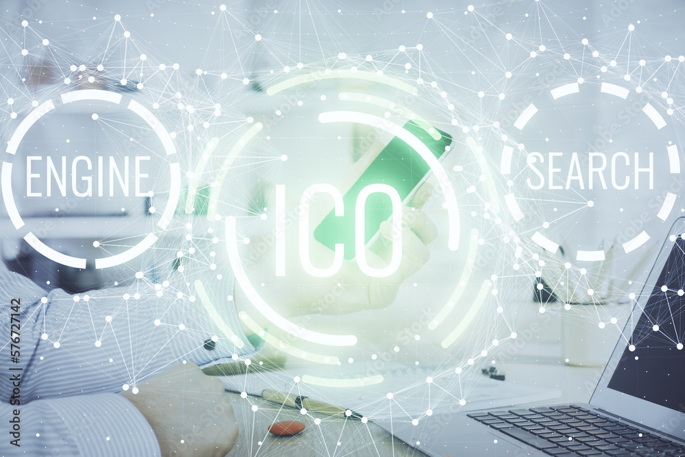 Poster double exposure of man's hands holding and using a phone and crypto currency blockchain theme drawin