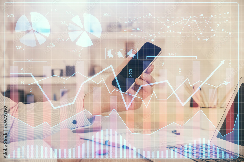 Poster Double exposure of man's hands holding and using a digital device and forex graph drawing. Financial market concept.