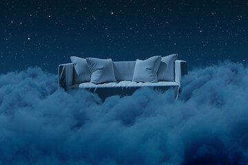 3D rendering of cozy sofa over fluffy clouds at night