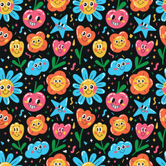 Seamless vector pattern of vintage characters of the classic retro cartoon style of the 30s. Abstract vector pattern of crazy cartoons in a trendy retro comics style