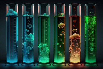 Test tubes in a science lab with a chemical reaction. Generative AI