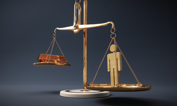 The value of a human being is greater than gold: symbolic man outweighs his weight in gold on the scales. 3d render