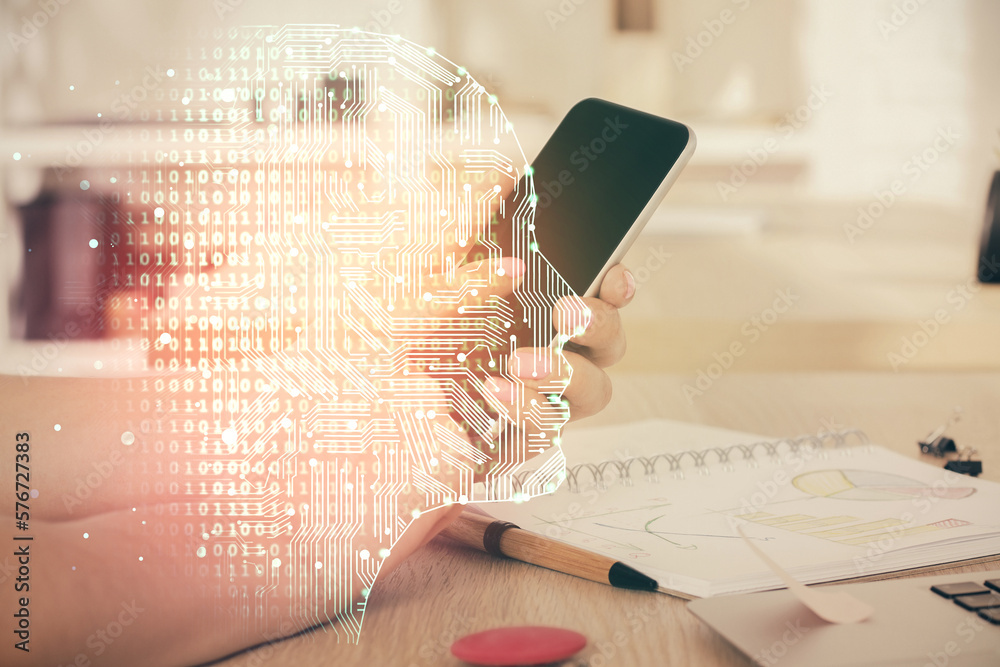 Aufkleber Double exposure of man's hand holding and using a digital device and brain hologram drawing. Data concept.