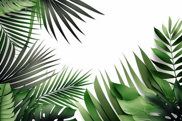 Tropical beach coconut palm tree leaves isolated on white background. Generative AI.