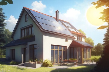 Photovoltaic plant on the roof of a house. Modern house with solar panels. Generative AI