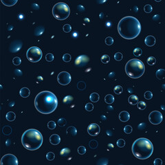 Seamless pattern soap bubbles on dark background. Blue water balls. Realistic vector background.