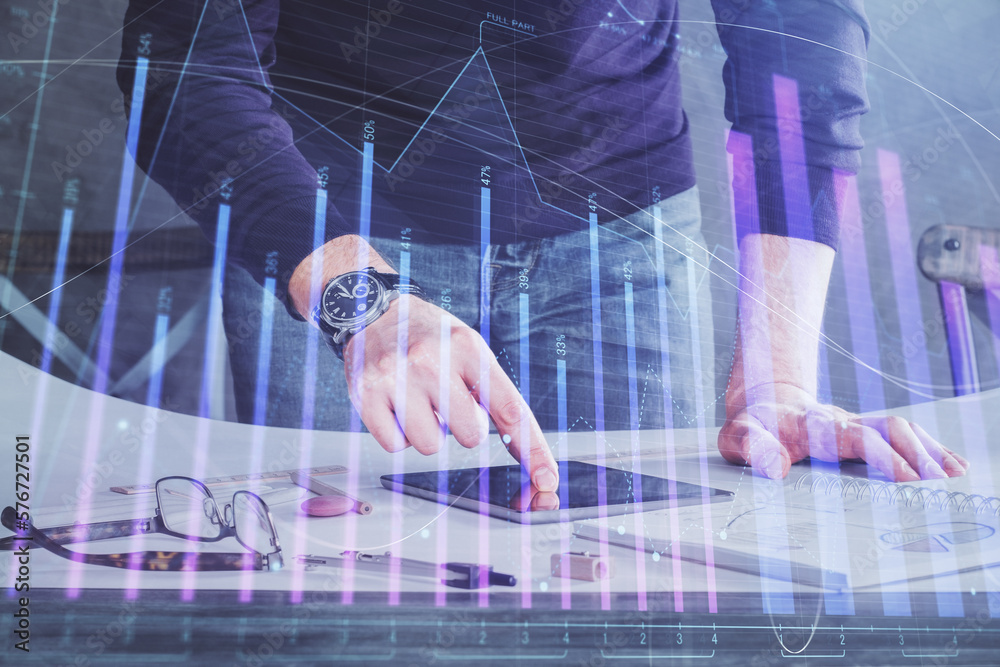Poster Double exposure of man's hands holding and using a digital device and forex graph drawing. Financial market concept.