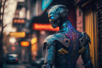 Fototapeta na wymiar robot humanoid android with artificial intelligence in a street in a city, side street. Generative AI