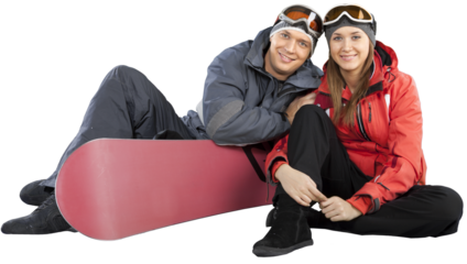 Young beauty couple in winter cloth with snowboarding