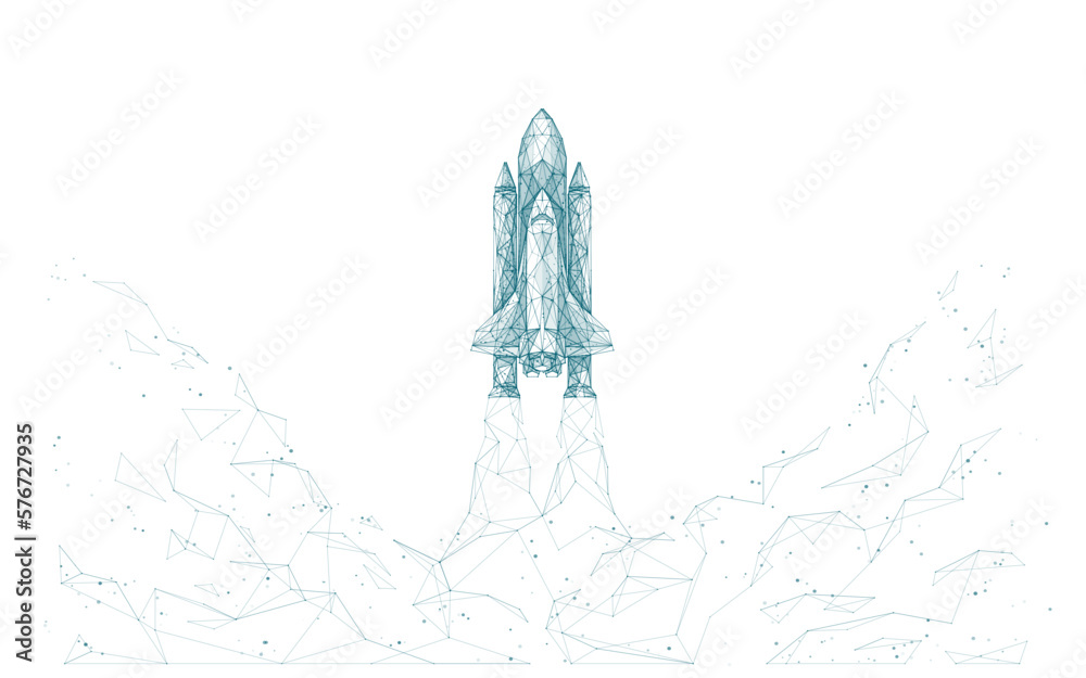 Aufkleber Rocket launch. Digital 3D space shuttle from polygons and lines isolated on white background. Technology abstract cosmos or start up concept. Vector low poly wireframe illustration.