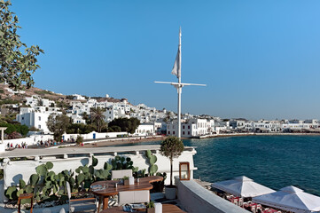 Terrace with the view to the port of Mykonos island, Greece