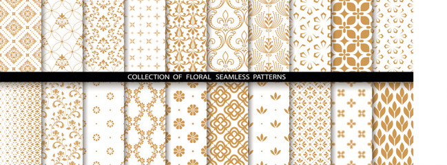 Geometric floral set of seamless patterns. White and gold vector backgrounds. Damask graphic ornaments