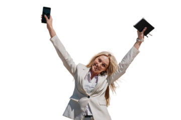 Independent young blonde Italian businesswoman in white suit spread hands in a winner expression holding diary and phone over transparent background. Successful lawyer celebrates win. Business finance