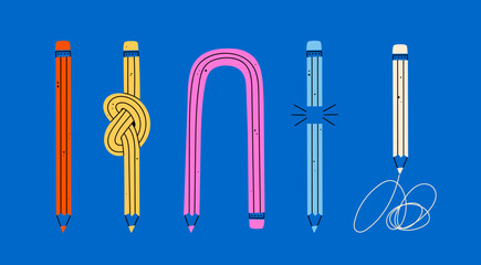 Set of colorful Pencils in various conditions. Straight, bended, knotted, broken and short pencil. Back to school, teacher's day concept. Isolated design elements. Hand drawn Vector illustration