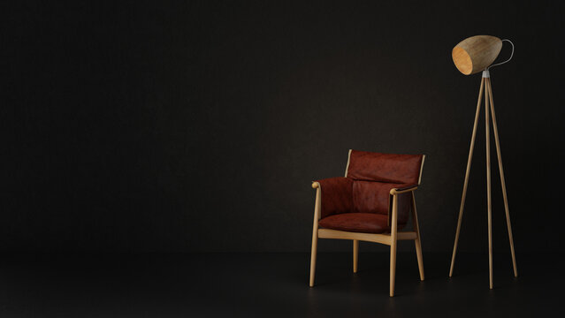 3D Rendering Front of Wood Leather Chair With Black room