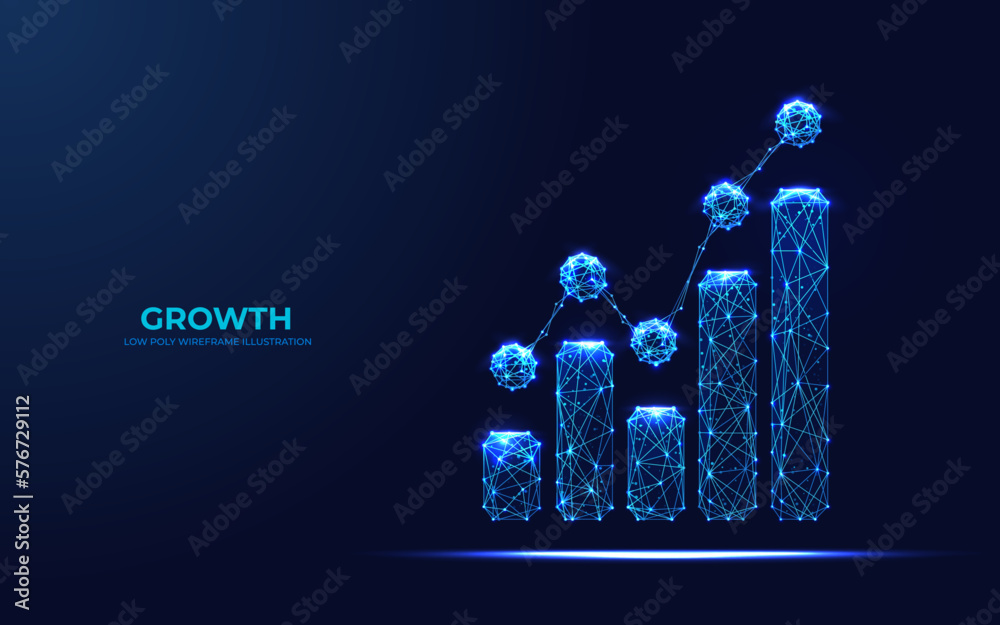 Aufkleber polygonal growing bar graph in technology blue on a dark blue background. abstract digital growth co
