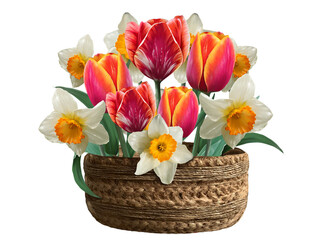 tulips and daffodils in a basket illustration