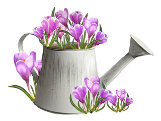 crocuses in a watering can illustration