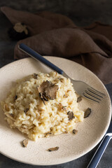 Risotto with porcini mushrooms and black truffles served in a plate top view, gourmet cousine