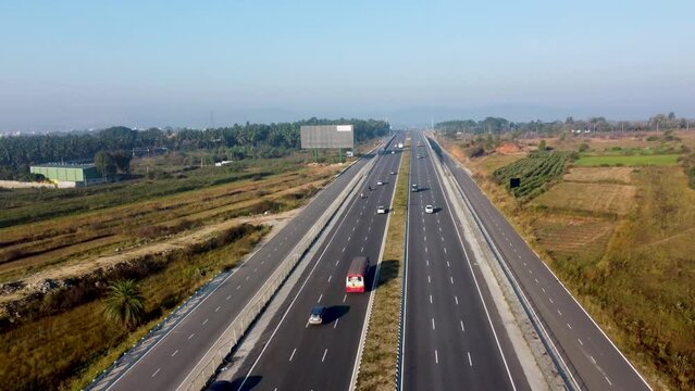 Mysore Expressway Highway 10 lane Near Bidadi Karnataka India drone video 4k 