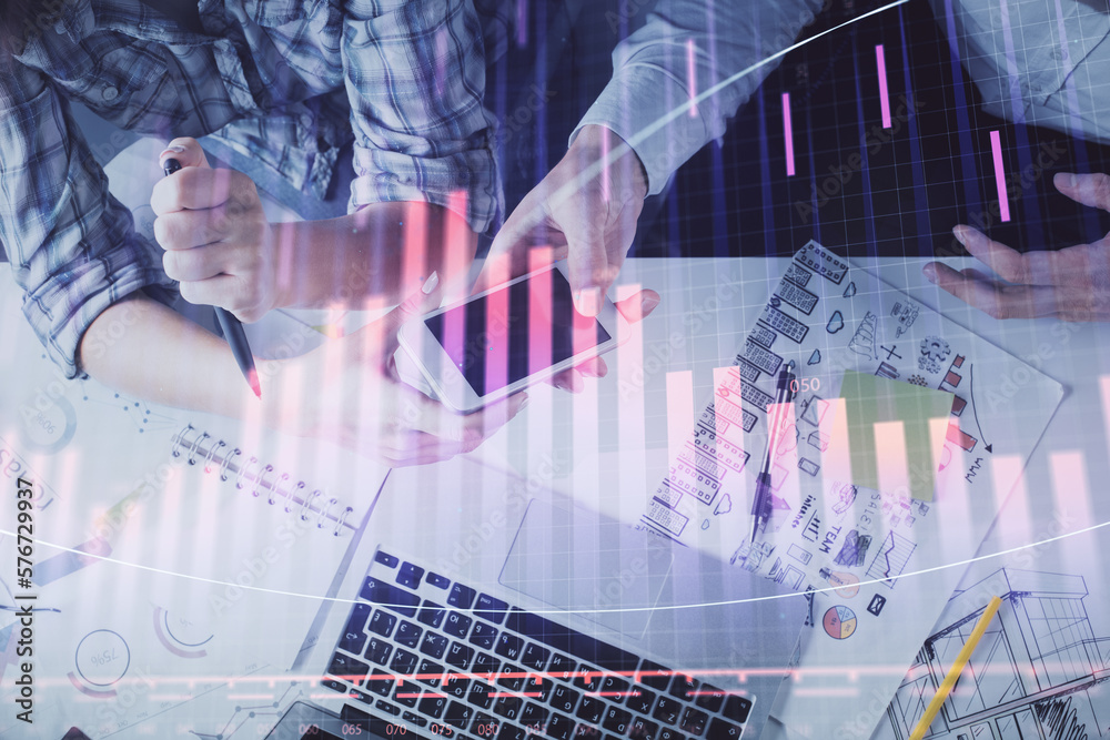 Poster double exposure of forex graph drawing and man and woman working together holding and using a mobile