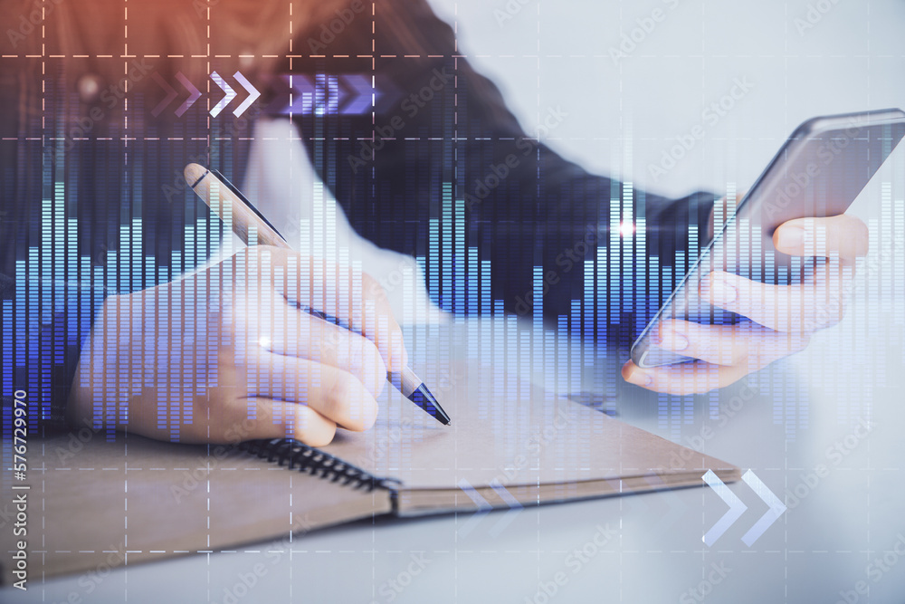 Poster double exposure of forex graph sketch hologram and woman holding and using a mobile device. stock ma