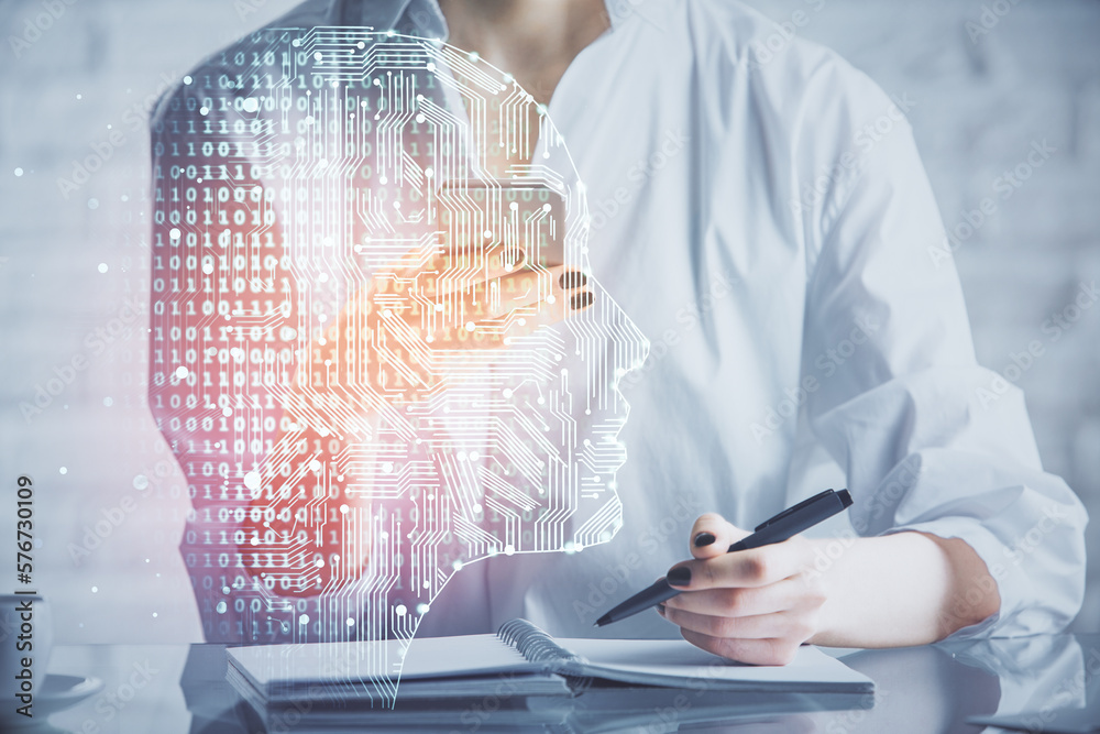 Poster double exposure of brain sketch hologram and woman holding and using a mobile device.